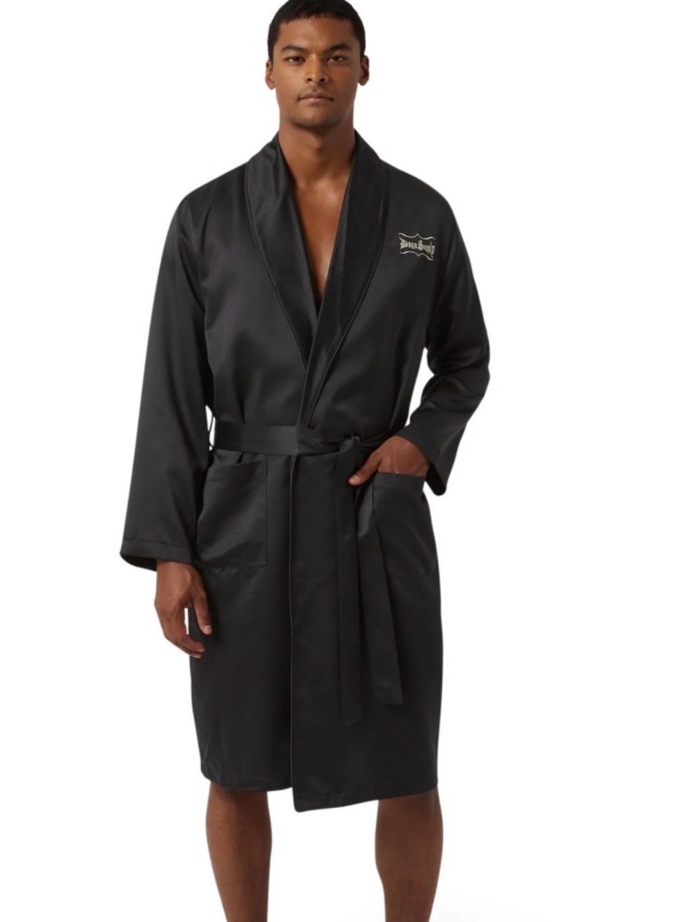 Black Men's Satin Robe with Waist Tie - Unbranded